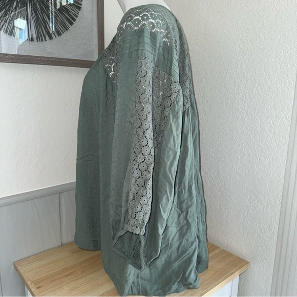 free People M Green Tinic Top Blouse Boho Lagenlook lace Cottage Core Casual - Picture 4 of 10
